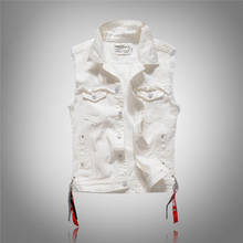 big size 5xl men white vest summer style Men's denim vest slim men denim Outerwear Coats hole beach Sleeveless vest for men 2024 - buy cheap