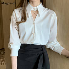 Blusa feminina casual chiffon manga comprida, camisa feminina folgada sólida social para primavera e verão 10500 2024 - compre barato