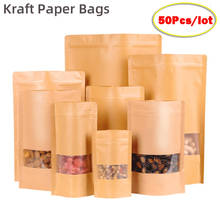 Bolsas de papel Kraft con cierre de cremallera para envasado de alimentos, bolsas de papel de color marrón con ventana de pie resellable, con agarre Ziplock, para dulces, té y café, 50 piezas 2024 - compra barato