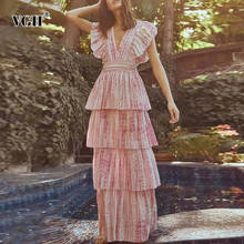 VGH Print Lace Up Bowknot Dress For Women V Neck Short Sleeve High Waist Patchwork Ruffle Elegant Midi Dresses Female Summer New 2024 - buy cheap