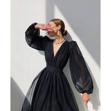 2021 Spring Polka Dot Mesh Women's Bud Midi Dress Deep V-neck Puff Sleeve Female Dresses Elegant Party Lady Vintage Clothes 2024 - buy cheap