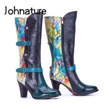 Johnature 2022 New Winter High Heel Boots Genuine Leather Pointed Toe Zip Women Shoes Hand-painted Sewing Leisure Platform Boots 2024 - buy cheap