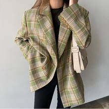 Vintage Loose Women Plaid Blazer 2021 Autumn Chic Double Breasted OL Female Long Sleeve Suit Jackets Oversized Blazers Long 2024 - buy cheap