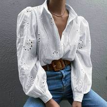 Gaming blusa feminina vintage de renda branca, camisa de manga longa com gola v em algodão floral em relevo, blusa casual boho para outono 2024 - compre barato