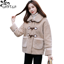 UHYTGF Womens Jacket Luxury Lambswool Autumn Winter Fur Coat Female Fashion Horn Button Loose Plus Size Outerwear Short Top 1138 2024 - buy cheap