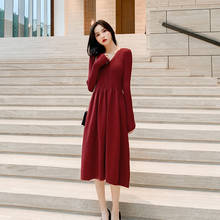 Autumn Winter V-neck Maxi Sweater Dress Women OL Female Long Sweater Dress with Single Breasted Elegant A-line Solid Slim Dress 2024 - buy cheap