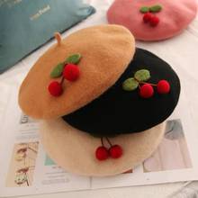 Boina francesa de lana para mujer, gorro bonito y acogedor para niña, gorro de artista Unisex, cúpula de color sólido, decoración con diseño de cereza, nuevo 2021 2024 - compra barato