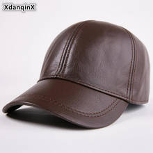 XdanqinX-Sombrero de cuero genuino para hombre, gorras de béisbol cálidas de cuero de vaca con orejas, tamaño ajustable, orejeras de mediana edad, gorra de lengua 2024 - compra barato