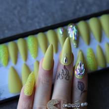 Lemon Long Stiletto crystal Fake nails Matte yellow glitter false nails press on nails custom box 24pcs wedding nails queens 2024 - buy cheap