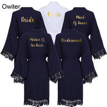 Owiter 2019 Navy Solid Cotton Kimono Robes w/ Lace Trim Women Wedding Bride Short Robe Bathrobe Sleepwear White Bridesmaid Gown 2024 - buy cheap