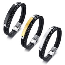 Pulseiras de couro para homens e mulheres, braceletes de barra de aço inoxidável com gravação personalizável, multicamadas 2024 - compre barato