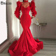 Red Sexy Dubai Evening Dress 2022 Long Sleeves Feathers Formal Gown Sweetheart Satin Mermaid Party Prom Dresses robe de soiree 2024 - buy cheap