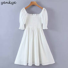 Yenkye vestido romântico feminino elegante branco, mini vestido de festa com bordas fungos e gola quadrada, manga curta na linha a, vestido de verão 2024 - compre barato