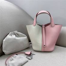 Brand Fashion 2020 Women Small Lock Bucket Handbag Colors Panelled Totes Ladies Mini Party Packing Cowhide Genuine Leather Bags 2024 - buy cheap