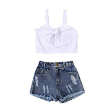 Conjunto de ropa de verano para niñas, Top sólido sin mangas + Pantalones cortos Vaqueros, 2 uds. 2024 - compra barato