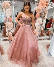 Vestido de noche rosa de tul sin tirantes, elegante vestido largo hasta el suelo, con cuentas de cristal, escote corazón, para graduación 2024 - compra barato