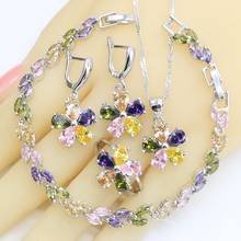 Multicolor Zircon Flower Shape Silver Color Jewelry Sets for Women Earrings Necklace Pendant Bracelet Ring Gift Box 2024 - buy cheap
