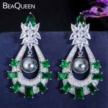BeaQueen elegante gris perla colgando Zirconia cúbica Micro pavimentada verde CZ piedras grandes largos fiesta de graduación pendientes para mujer E336 2024 - compra barato