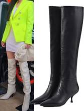 Drop Shipping Woman Black White Genuine Leather Over The Knee Boots Female 6 cm Thin Heels Pointed Toe Tube Long Boots Size 43 2024 - buy cheap