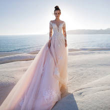 Элегантное розовое Тюлевое пляжное свадебное платье с глубоким вырезом и длинными рукавами, женское свадебное платье розового цвета 2024 - купить недорого