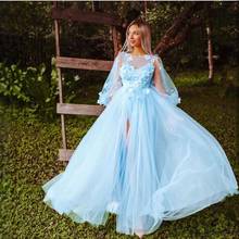 Brilliant Blue Evening Dress A-Line Side Slit Hand Made Flowers Floor Length Long Sleeve Women Formal Gowns Graceful Luxury 2024 - buy cheap