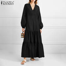 Elegant Solid Ruffle Dress Women's V Neck Sundress 2021 ZANZEA Spring Casual Puff Sleeve Maxi Vestidos Female V Neck Robe Femme 2024 - buy cheap