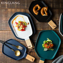 Kingpode-prato de cerâmica esmaltado com alça de madeira, bandeja de sobremesa estilo nórdico, tigela de arroz, pratos longos para sushi, saladeira 2024 - compre barato