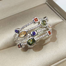 Rongxing luxo cristal multicolorido zircon anéis geométricos para mulher prata cor multicamadas birthstone anel feminino casamento 2024 - compre barato