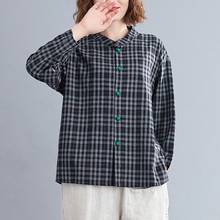 Camisa de linho de algodão feminina, camisas largas casuais estilo xadrez soltas de manga longa para outono 2020 2024 - compre barato