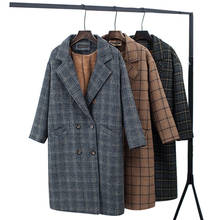 2019 зимнее вельветовое пальто в клетку, женское теплое клетчатое шерстяное пальто, флисовое офисное винтажное длинное пальто 2024 - купить недорого