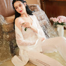 Women's Spring Long-Sleeved Nightgown Set White V-Neck Pajamas Loungewear Sexy Pijamas 3-piece Home Clothes Ice Silk Sleepwear 2024 - buy cheap