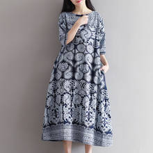 Vestido Midi Vintage de lino y algodón para mujer, ropa de manga corta con cuello redondo, estilo chino, M-XXL verano, #0117 2024 - compra barato