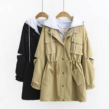 Extra Large Women Trench Coat New Spring Autumn Clothes Loose Drawstring Fake Two Casual Hooded Windbreaker Female Basic Coats 2024 - buy cheap