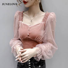 JuneLove Korean Square Collar Mesh Stitching Long Sleeve Shirts Women Spring New Ins Fashion Retro Clothes Blouse Casual Tops 2024 - buy cheap