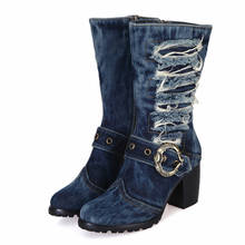 Botas femininas quentes de inverno e denim, plataforma, salto alto, sapatos de equitação, tamanho 42, 2021 2024 - compre barato