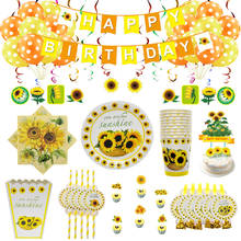 Conjunto de suministros para fiesta de girasoles, vajilla de flores de sol, platos de vasos de papel, pajitas, cartel de feliz cumpleaños, decoración de globos 2024 - compra barato
