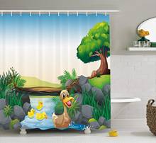 Cortina de ducha de pato con dibujos animados de madre y patitos para niños, divertido estampado de animales de granja, decoración de baño de tela de plumas pequeñas para exteriores 2024 - compra barato