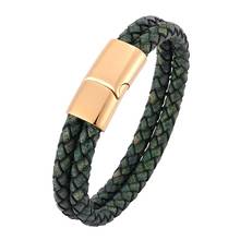 Pulseira masculina de couro trançado, camada dupla, retrô, verde, aço inoxidável, fecho magnético, joias da moda, pulseira 2024 - compre barato