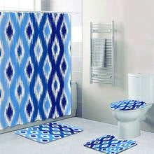 Stylish Uzbek ikat Fabric Bathroom Shower Curtain with Rug Set Blue White Geometric Chevron Diamond Waterproof Curtain 180x180 2024 - buy cheap