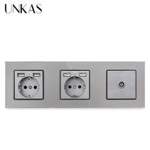 UNKAS-Panel de cristal templado gris, enchufe doble estándar de la UE con 4 puertos de carga USB 16A + conector de TV, toma de corriente de pared gris 2024 - compra barato