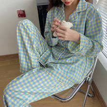 Пижама женская с длинным рукавом, кардиган в Корейском стиле, милая разноцветная одежда для сна в клетку для студентов, свободная Пижама комплект, весна-осень 2024 - купить недорого