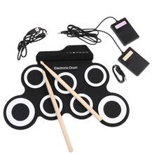 Conjunto de tambor eletrônico digital usb, kit portátil com 7 almofadas, bateria de silicone elétrica, com baqueta e pedal 2024 - compre barato