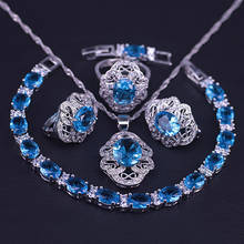 Conjunto de joyería de color plateado y azul cielo para mujer, pendientes de aro, anillo, collar, pulsera, conjunto de joyería nupcial bonita 2024 - compra barato
