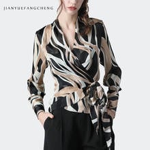 Fashion Irregular Striped Printed Chiffon Blouse Women Long Sleeve Top With Bra 2 Piece Sashes Crossed Lace-Up V-Neck Slim Shirt 2024 - buy cheap