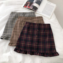 2021 Skirt  Korean Empire Classic Plaid  Casual Above Knee, Mini Ruffles Skirts Lace Hem Single Row Button Decoration Bud Skirt 2024 - buy cheap