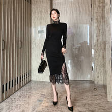 2022 Women Lace Dress Spring Turtleneck Elegant Evening Party Mid-Calf Empire Dresses Long Sleeve Female Knitted Black Vestidos 2024 - buy cheap