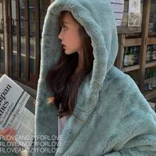 Abrigo de piel de imitación de conejo para mujer, abrigo de piel de invierno de talla grande con capucha de lujo, abrigo holgado grueso y cálido, abrigos de felpa de gran tamaño 2024 - compra barato