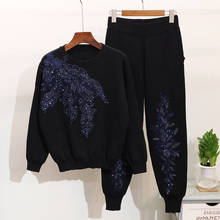 Outono preto esportivo agasalho de treino feminino roupas de mulher bordado lantejoulas suéter calças conjunto de duas peças feminino solto casual roupa de malha 2024 - compre barato