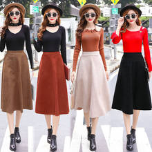 TingYiLi Suede Skirt Autumn Winter High Waist Knee Length Women Skirt Black Khaki Beige Red Midi Skirt A Line 2024 - buy cheap