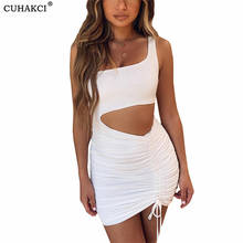 Cuhakci mini vestido curto de cordão manga longa feminino, vestido cintura vazada casual para festa, bainha cor sólida fina com um ombro 2024 - compre barato